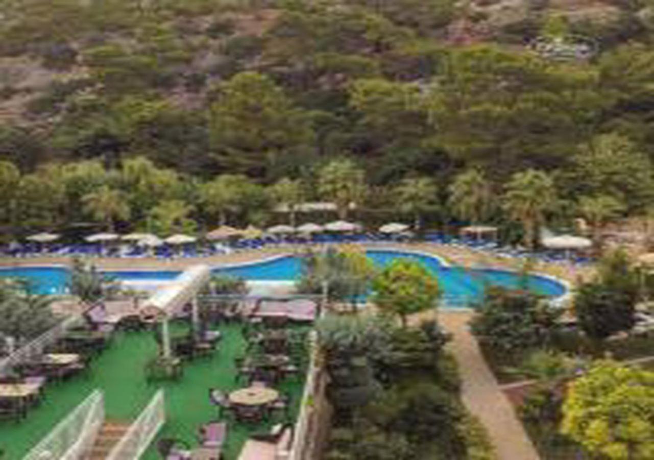 אנטליה Miramor Hotel & Spa מראה חיצוני תמונה The photo shows a scenic view of a resort area featuring a large swimming pool surrounded by lush greenery and trees. Sun loungers are arranged around the pool, and there are tables visible in a dining area. The pool has a curved shape and is complem